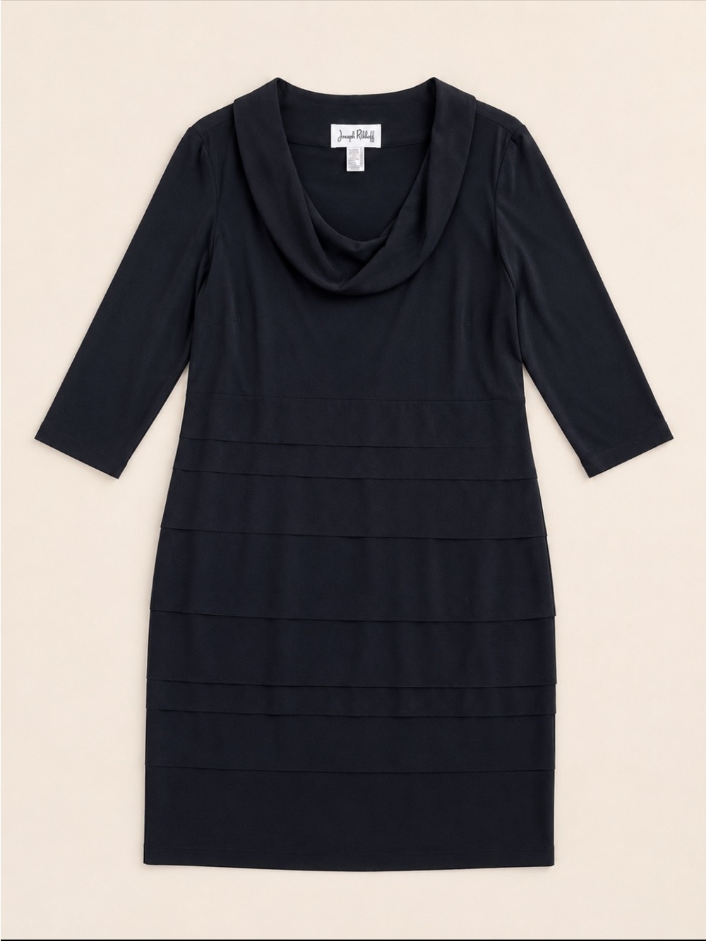 Joseph Ribkoff Layered Sheath Dress Woman 16 Black Cowl Neck 3/4 Sleeve Stretch